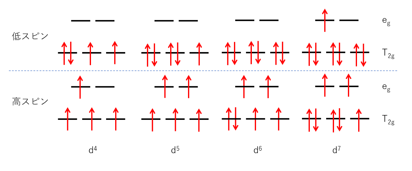 ｄ⁴～ｄ⁷の場合の正八面体型錯体のｄ電子の充填